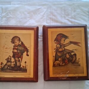 B Hummel 9640and 9637  Ars Sacra Vintage Wall Art Decor with Brown Frame